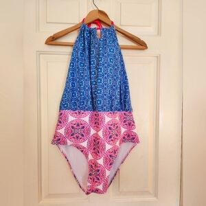Nicole Miller one piece halter swimsuit upf blue pink mandala size xl